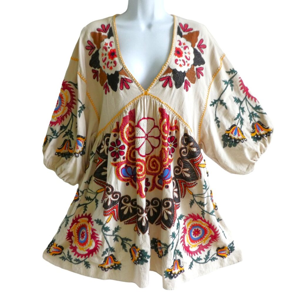 Embroidered Zara Linen Blend Floral Dress Plunging V Neck Balloon Sleeves Hippie